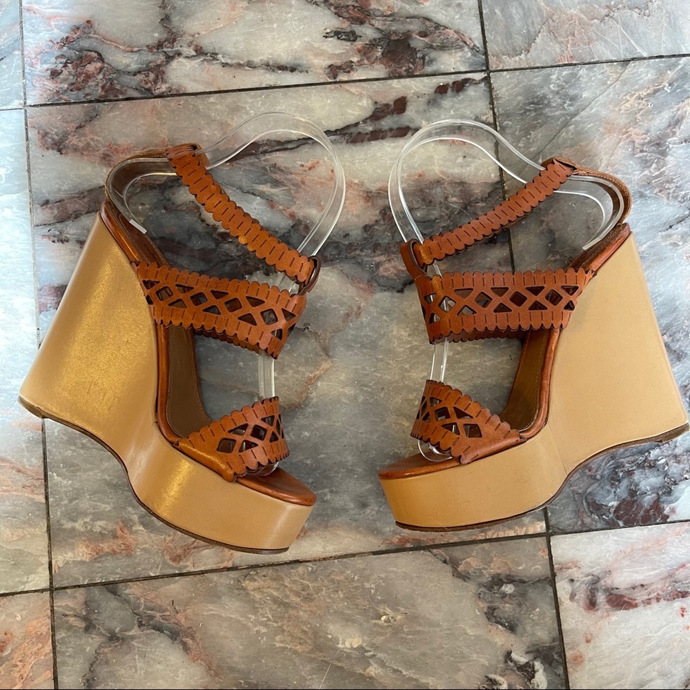 Chloe Laser Cutout Leather Wedges Size 38 Tan